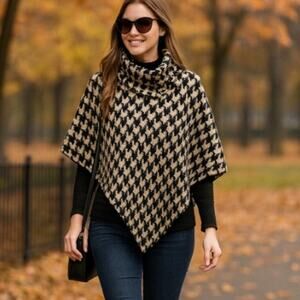 Last Kiss Black White Houndstooth Wool Lined Poncho Cape Cowl Neck XL